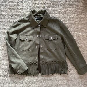 Zara Olive Fringe Jacket